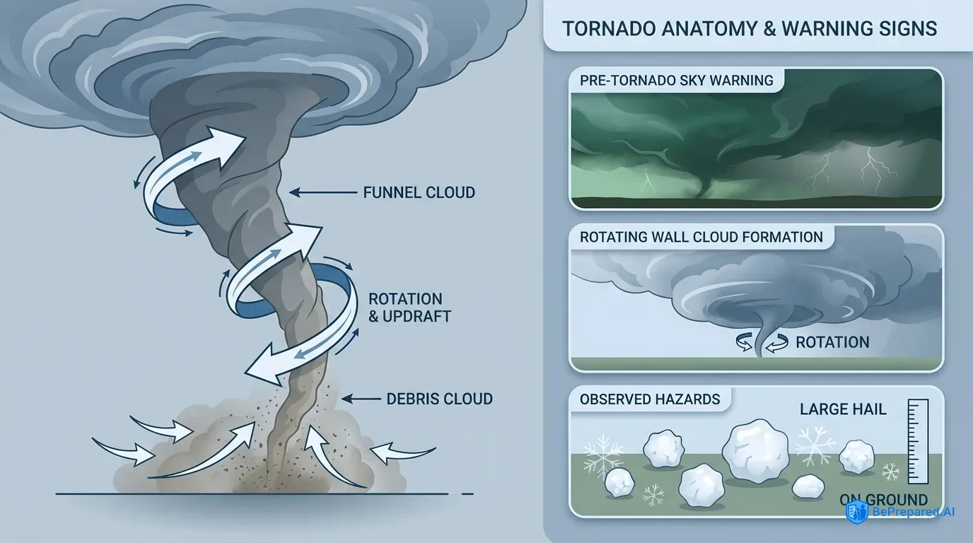 Split view of tornado structure and warning signs: green sky, wall cloud, and hail