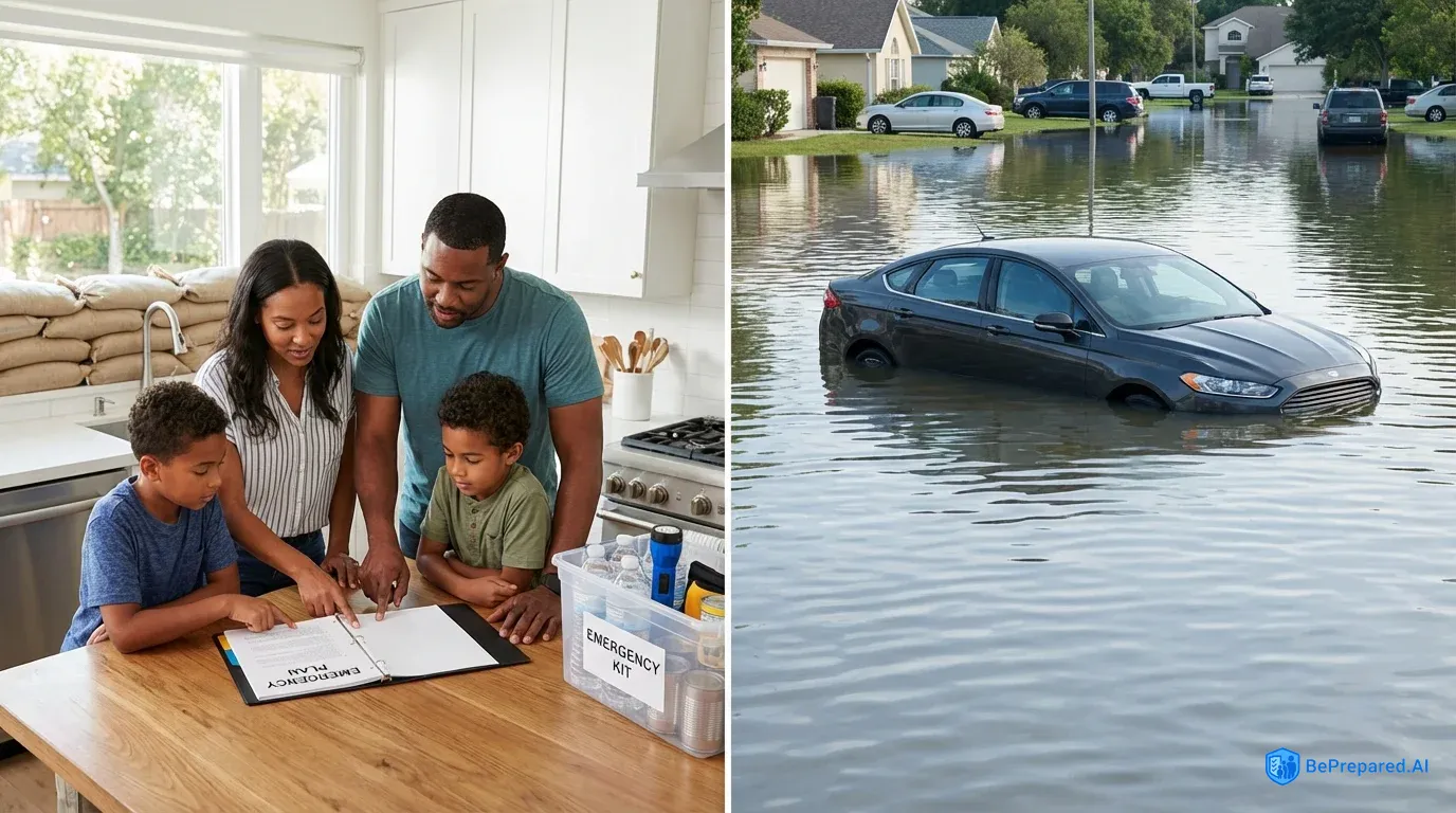 Split image comparing prepared home with sandbags and family planning versus flooded street with submerged car